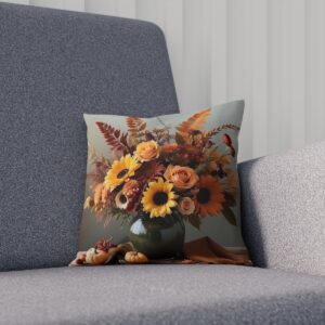 Sunflower and autumn harvest design on cushion in sofa corner