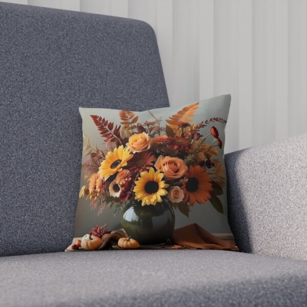 Sunflower and autumn harvest design on cushion in sofa corner