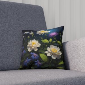 Cushion with white flowers blooming under moonlit night