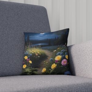 Nighttime garden path cushion lined with colorful flowers