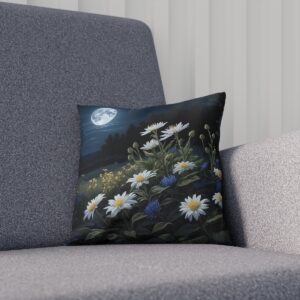 Cushion showcasing daisies in a moonlit nocturnal field