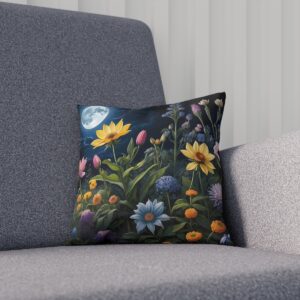 Cushion with colorful wildflowers under a full moon night sky