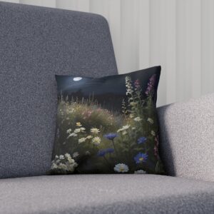 Nighttime garden scene cushion with fireflies and wildflowers