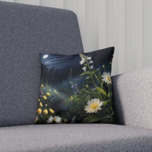 Cushion with white wildflowers and fireflies on a moonlit night