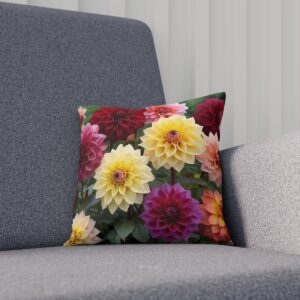 Decorative cushion with a lush display of dahlias in bloom