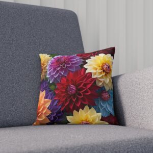 Cushion featuring a vivid mix of colorful dahlia flowers