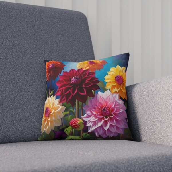 Cushion adorned with a colorful arrangement of dahlias