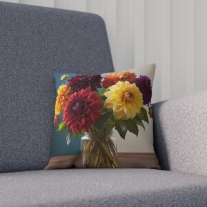 Cushion featuring a bouquet of dahlias in a vase