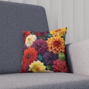 Cushion with a rich assortment of colorful dahlia flowers