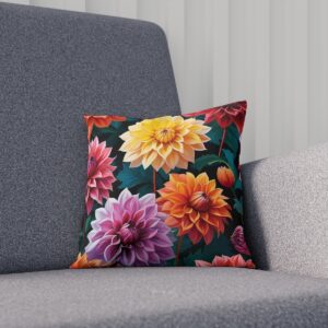 Decorative cushion with a vivid display of dahlia blooms