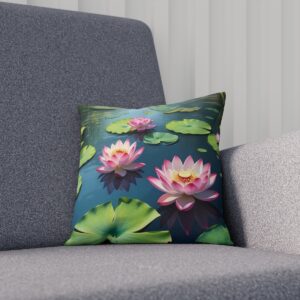 Cushion with blooming lotus flowers on a peaceful pond