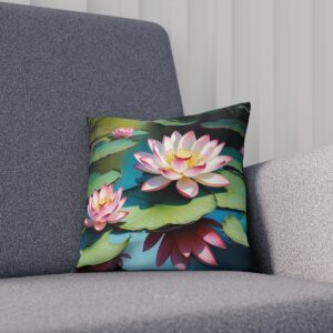 Decorative cushion with pink lotus flowers on a dark pond