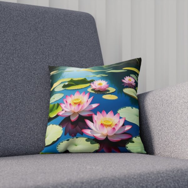 Cushion with a cluster of pink lotus flowers on a pond