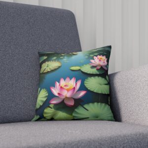 Serene cushion depicting pink lotus blossoms on a pond