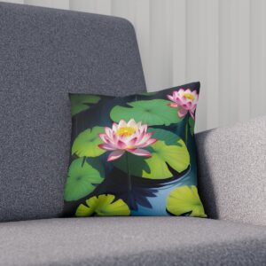 Cushion with vibrant pink lotus flowers on dark water