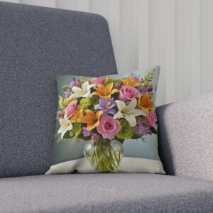 Floral cushion with a bouquet of spring blooms in a vase