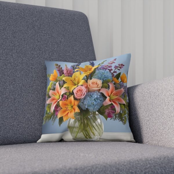 Cushion with a mixed spring bouquet in a glass vase