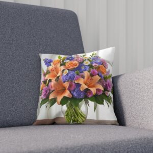 Cushion with orange lilies and purple flowers bouquet