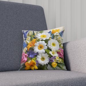 Cushion displaying a colorful array of fresh spring flowers