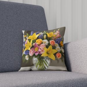 Cushion with a vibrant bouquet of spring flowers in a vase