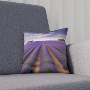 Cushion showing lavender field rows at dusk with sky gradient