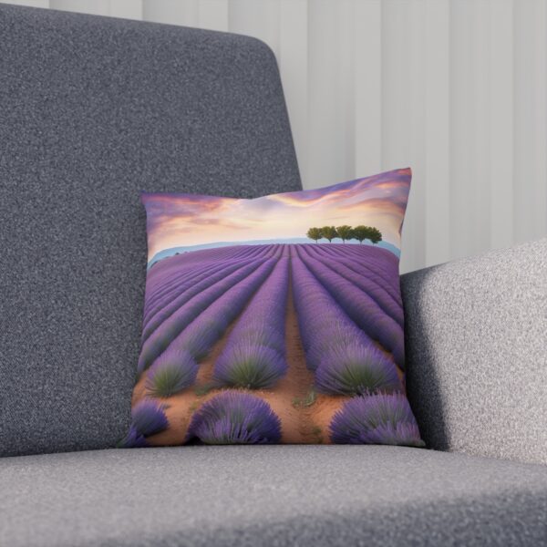 Cushion with twilight lavender field and tree silhouette