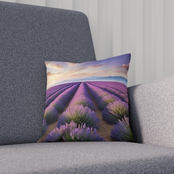 Cushion depicting a lavender field at sunset