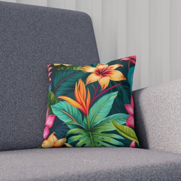 Cushion with vibrant tropical blooms and foliage design