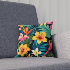 Vibrant cushion with yellow and pink tropical flowers