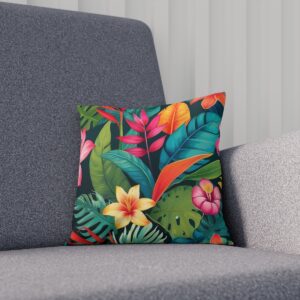 Cushion with vibrant tropical foliage and flowers design