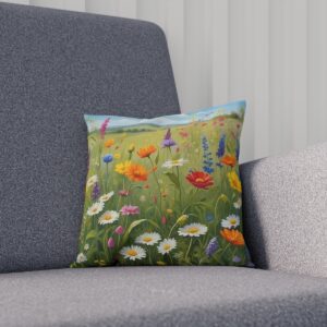 Cushion depicting a sunny wildflower meadow under blue skies