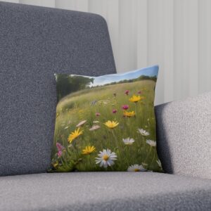 Meadow scene cushion with daisies and wildflowers at sunset