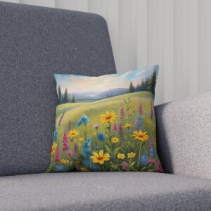 Cushion with bright wildflower field and mountain landscape