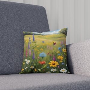 Vibrant wildflower print cushion on a gray sofa