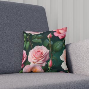 Elegant rose design cushion on a dark foliage background