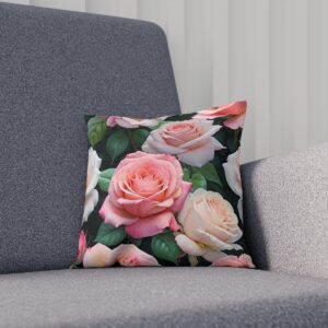 Cushion with vivid pink rose blooms on a dark background