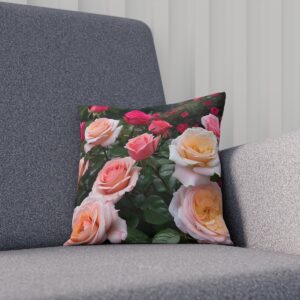 Floral cushion with vibrant roses against a dark green leafy backdrop