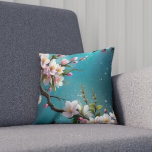 Teal cushion with delicate white and pink blossom branch