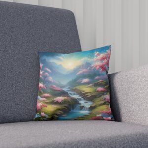 Cushion with vibrant landscape of river and cherry blossoms