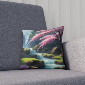 Scenic cushion with cherry blossoms over a waterfall landscape