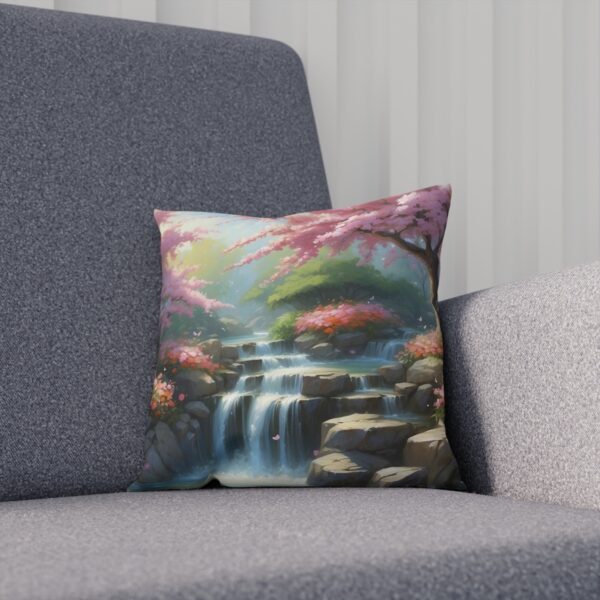 Cushion with picturesque waterfall and cherry blossoms