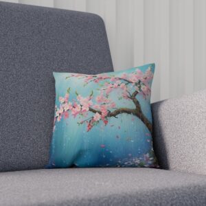 Cushion with cherry blossoms and serene blue background