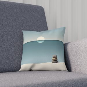 Zen cushion with stacked stones and tranquil blue gradient on chair