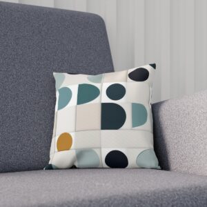 Cushion with muted geometric circles pattern on gray chair