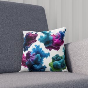 Cushion with blue and purple ink blot design on gray chair