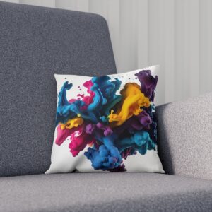 Cushion with colorful ink cloud pattern on a gray chair