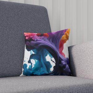 Cushion with abstract ink swirls in watercolor hues on chair