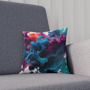 Cushion with vibrant ink-in-water design on gray chair