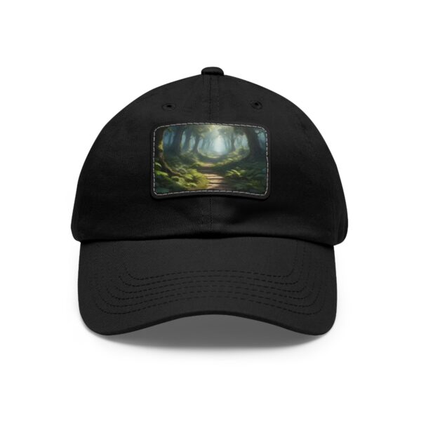 Dad Hat with rectangular patch depicting a sunlit forest trail surrounded by trees