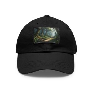 Dad Hat with rectangular patch showcasing a forest path winding through sun-dappled trees